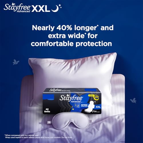 Stayfree Advanced XXL All Night Sanitary Pads | 42 Ultra Thin Pads for Ultra Comfort | 40% Longer | Ideal for Heavy Flow