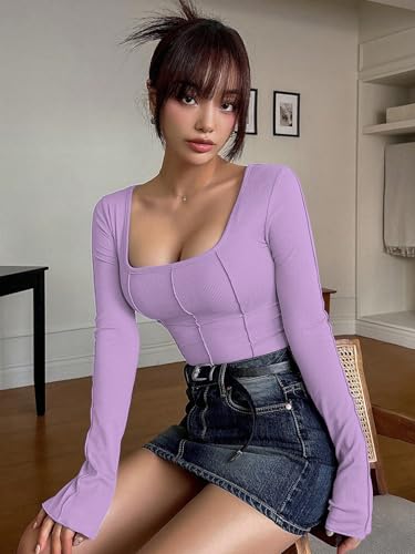 Image of Sugathari Women's Black Solid Long Sleeve Wrap-Style Square Split Crew Neck Bodycon Women T-Shirt Spring and Summer Top, Minimalist and Fashionable for Everyday Casual Wear Tops (T-Shirt 181)