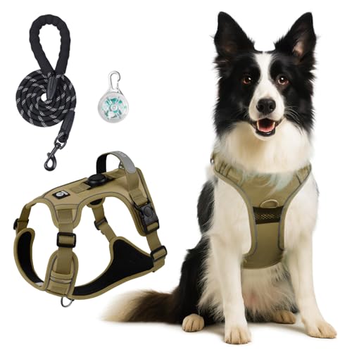 Hundegeschirr Mittelgroße Hunde, Wefaly Reflektierendes Verstellbare Geschirr Hund ohne Zug & Würgen Weich Atmungsaktiv Brustgeschirr mit Gepolstert Grifff für Kleine Mittlere Große (Kaki, M)