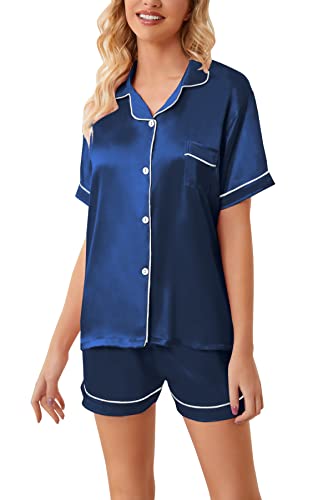 Image of Schbbbta Girls Womens Pajamas, Satin Silky Pjs Set Kids 2Pcs Button-Down Nightwear Sleepwear Gift for Mommy and me