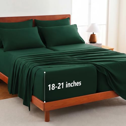 Image of CozyLux 7-Piece Split King Sheets, Fits 18-21 Inch Mattresses, Oeko-TEX | 4 Pillowcases, 1 Flat Sheet and 2 Fitted Sheets with All-Around Elastic, 21-Inch Deep Pockets for a Secure Fit, Emerald Green