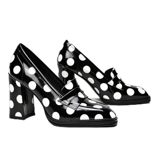 Image of FOWT Dressy High Block Heels Loafers for Women Classical Square Toe Pumps Comfortable Slip On Walking Shoes School Uniform Goth Oxfords US Size 4-16 M