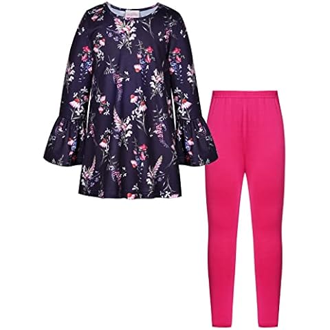 BONNY BILLY Girls Outfit 2 Pieces Long Sleeve Ruffle Floral Jersey Top + Pink Leggings 10-11 Years Navy Blue Cover