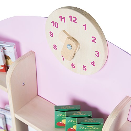 Foto von roba Kaufladen, Holz natur, mit Seitentheke, Uhr, rosa Rückwand & weißen Schiebetüren