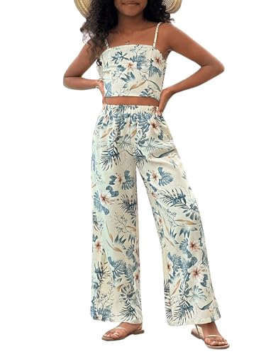 Image of Floerns Girl's 2 Piece Outfit Hawaiian Tropical Crop Cami Tops and Boho Pants Set