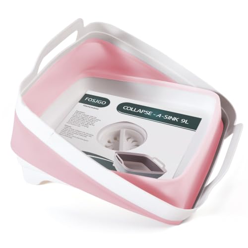 Image of FOSJGO Collapsible Dish Basin with Drain Plug, 2.4 Gal (9L) Space-Saving Foldable Sink, Wash Basin for Kitchen, Baby Bottles, Vegetable Washing, Camping, RV and Party Beverage Tubs (Pink)