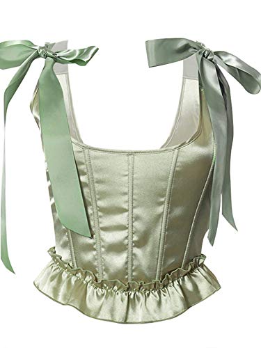 Herdignity Women's Frill Smocked Crop Tank Top Bandage Bustier Corset Tie Shoulder Strap Lace-Up Corset Tops (Green, Small)