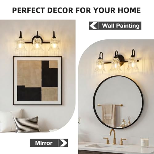 Image of Vintage Bathroom Vanity Light Fixtures, 3-Light Black Vanity Lighting Fixture with Flower Glass Shade, 18.9 Inch Bathroom Lighting Fixtures Over Mirror, Living Room, Dressing Table