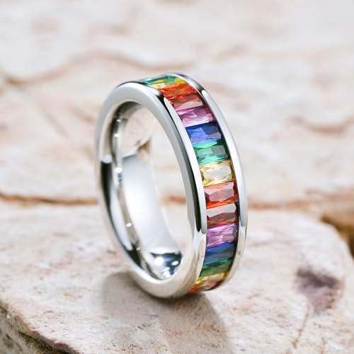 King Will 6mm Women Eternity Rings Colorful CZ Stackable Bands Polished Stainless Steel Anniversary Band Pipe Cut Engagement Ring Durable Comfort Fit Size 6-103