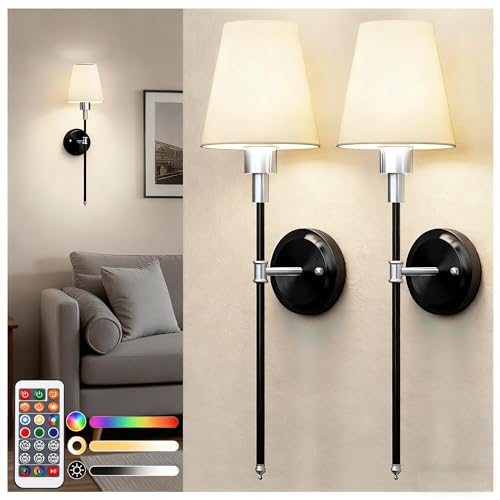 Image of DORESshop Battery Operated Wall Sconce Set of 2, Wireless Wall Light Easy to Install, 7 Color Rechargeable Wall Sconces, Sconce Wall Decor Set of 2 for Bedroom, Living Room, Black and Chrome, 24.6in