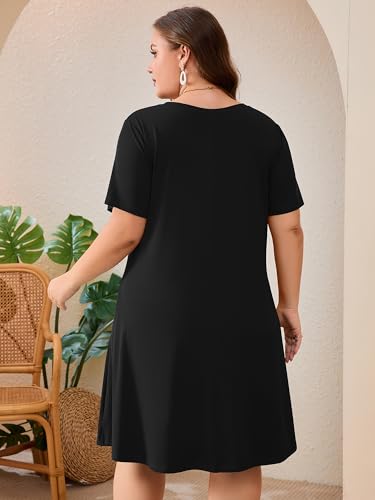 Image of AusLook Plus Size Midi Dress for Women Short Sleeve V Neck Criss Cross A Line Summer Casual Vacation Sundresses with Pockets