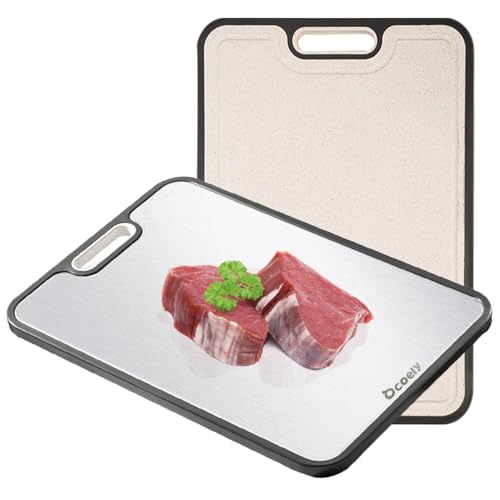 Titanium Cutting Boards for Kitchen – Dual-Sided Solid Titanium & Wheat Straw PP, Large Food-Safe Cutting Board with Juice Groove & Garlic Grinder for Meat, Veggies, Commercial or Home Use, 15”×11”
