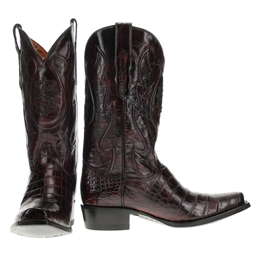 Image of Vaccari Men's Travis Genuine Black Cherry Alligator Belly Leather Narrow Square Toe Western Cowboy Boots - 7 EE
