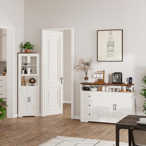 Image of 47 inch Antique White Storage Cabinet with Doors and Drawers, Farmhouse Sideboard Buffet Cabinet with Storage, Kitchen Pantry Hutch, Coffee Bar Station Table for Kitchen, Livingroom, Dining Room