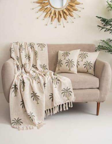 Image of Handwoven Cotton Sofa Throw Blanket 50x70 Inch with 2 pcs Cushion Covers 16x16 Inches Beige (Pack of 3, Palm Tree)
