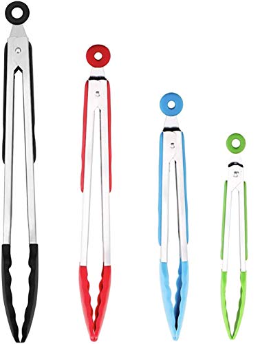 CHEFNENO Silicone Tongs Stainless Steel Kitchen Tongs with Silicone Tips Set of Four - 7, 9, 12, and 14 Inch Non Stick Silicone Tongs for Cooking Grilling Barbecue BBQ and Serving Salad, 4 Pack