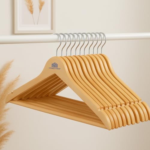 Image of Homestrap Premium Round Bar Wooden Hanger (Pack of 10)| Durable Wooden Garment Hangers with Cut Notches & 360 Degree Swivel Chrome Hook for Hanging Heavy Clothes