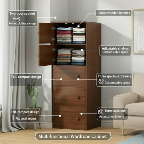Image of 5-Door Morden Wooden Collapsible Wardrobe for Storage /Space Saving Wooden Wardrobe with Doors /Collpsible Storage Organiser /Living Room - (Walnut, 5 Layer)
