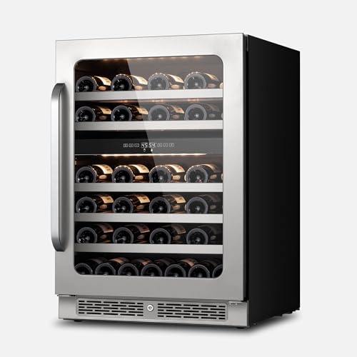 Image of Wine Refrigerator Cooler Dual Zone Advanced Compressor Cooling Wine Fridge Under Counter with Glass Door 3 LED Built-in 46 Bottles Freestanding Seamless Frame for Home Bar Kitchen 5.65 cu.ft
