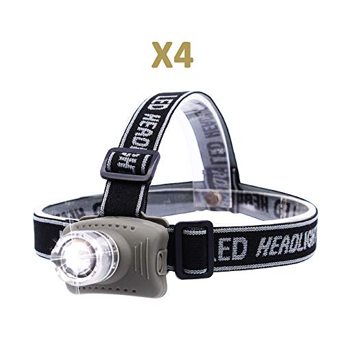 linterna frontal cabeza led, ángulo ajustable de 90 grados, enfoque con sistema de zoom lente, con 4 modos de control de intensidad de brillo, 3 pilas AAA incluidas, 3 pilas AAA incluidas, pack x4