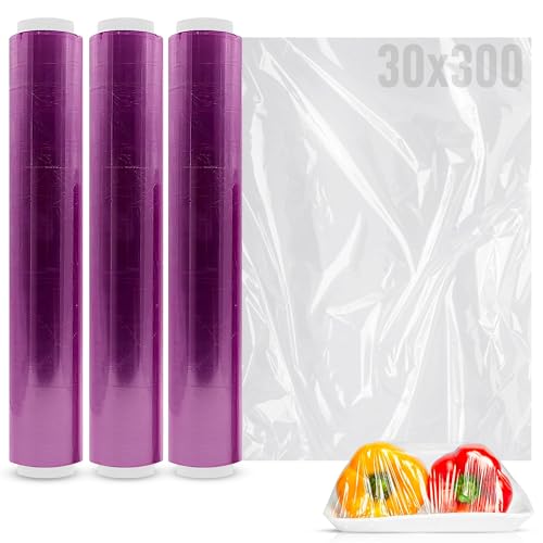 MARCPRINT Rollo Film Transparente Alimentario (30X300) - Ideal para Envolver Alimentos y Cubrir Bandejas - 3 Rollos