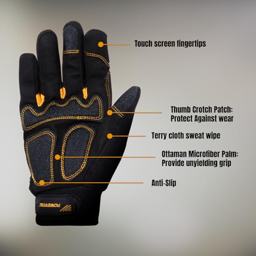 Image of POWERTEC Heavy Duty Work Gloves | Safety Gloves with Touch Screen Flexible Breathable, Abrasion-Resistant Slip-Proof Leather on Palm for Excellent Grip and Shockproof, 1 Pair (size L) (71955)