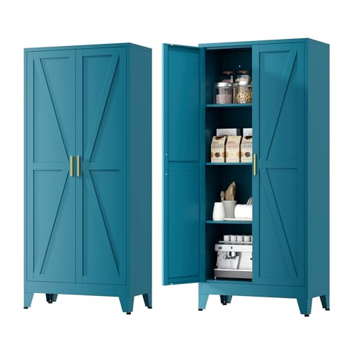Image of Farmhouse Pantry Cabinet with Barn Doors,61 inch H x 27.5 inch W,Metal Cabinet with Adjustable Shelves,4-Tier Storage Cabinet for Kitchen Dining Room Garage,Blue 1 Pack