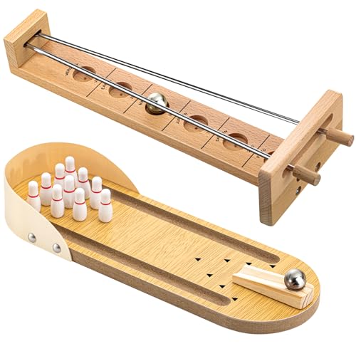 Deekin 2 Set Desktop Shoot the Moon Game Table Top Mini Bowling Game Set Classic Steel Ball Wooden Tabletop Games Wooden Board Mini Arcade Table Games Bowling Set Gag Gifts for Adult Teen Office Desk