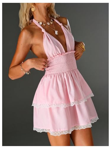 Image of MakeMeChic Women's Summer Mini Dress Floral Halter Ruffle Backless A Line Dresses Flowy Cami Vacation Sundress
