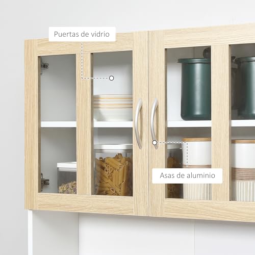HOMCOM Alacena de Cocina Alta, Mueble Auxiliar de Cocina, con 4 Puertas de Vidrio, Encimera Abierta para Microondas, Cajón, Estantes Ajustables, 80x40x180 cm, Blanco y Natural - imagen 6