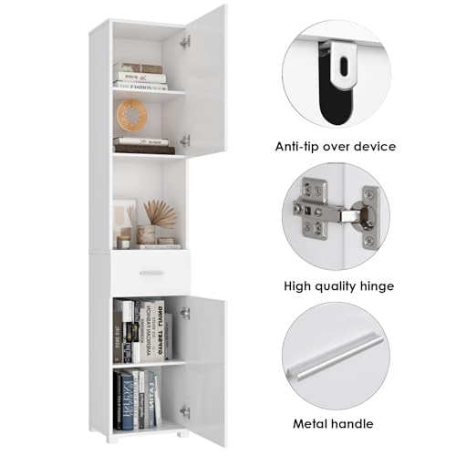FOREHILL 180cm Tall Bathroom Cabinet Slim Bathroom Storage Unit Narrow Cupboard Free Standing with 2 Doors 1 Drawer for Small Space White 37 x 30 x 180cm - Image 4