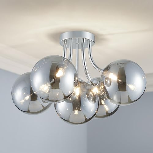 Lustre en verre soufflé argenté moderne, plafonnier en verre style Sputnik salon 5 lampes G9