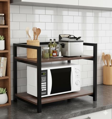 Image of Rellon Microwave Stand,Kitchen Rack Oven Rack 2-Tier Counter Shelf,Space Saving Organizer, Two Layers Counter Top Organizer for Printers on Desk, Microwave Shelf Stand
