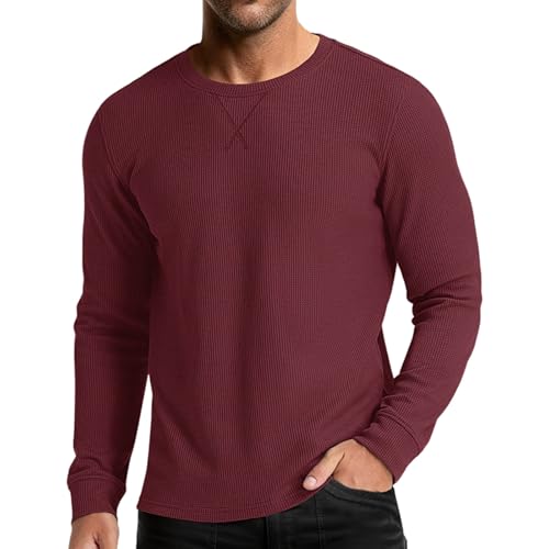 Camiseta de invierno para hombre, cuello redondo, manga larga, ajuste regular, ligera, casual, de algodón, clásica, absorbe la humedad, transpirable, cómoda, rosso, XL