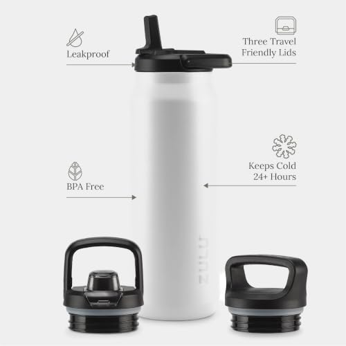 Image of ZULU Base 40oz Stainless Steel Water Bottle with 3 Lids- Straw, Chug, Twist | Double Walled and Vacuum Insulated Metal Thermos | For Gym, Outdoor | Built in Carry Loop, Dishwasher Safe, White