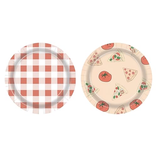 C L cooper life 48Pcs 9 Inch Pizza Themed Paper Plates - Red White Gingham & Pizza Tomato Disposable Dinner Plates for Italian Pizza Party Birthday BBQ Picnic Supplies