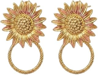 Sunflower Drop Earrings, Gold and Pink, Floral Statement Jewellery, Ring Hoop Design Price In India
