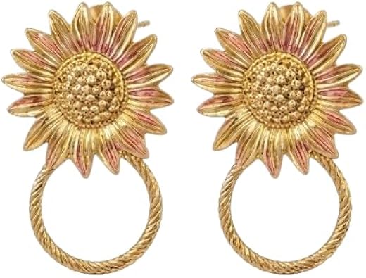 Sunflower Drop Earrings, Gold and Pink, Floral Statement Jewellery, Ring Hoop Design