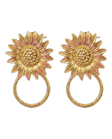 Sunflower Drop Earrings, Gold and Pink, Floral Statement Jewellery, Ring Hoop Design