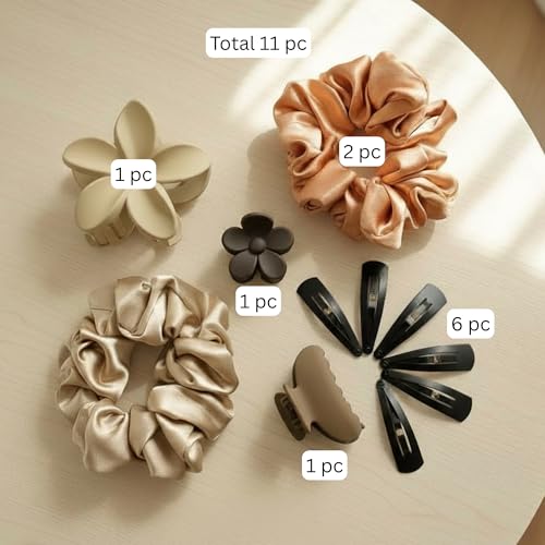 Image of Hair Claw Clips for Women and Girls Combo Gift Set | 11 Pc Collection with Korean Flower Claw, Small Clutchers, Scrunchies & Tic Tac Clips Matte