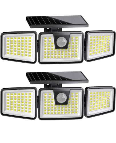 KIBTOY 156LED Solar Security Light Motion Sensor Outdoor, Easy to Install, 360° Wide Lighting Angle IP65 Waterproof, Solar Flood Lights for Front Door, Yard, Garage, Sidewalk, Pathway (2 Pack)