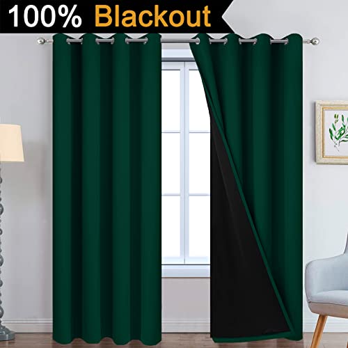 Image of Yakamok Dark Green 100% Blackout Curtains 90 Inches Long 52 inch Wide 2 Panels | Blackout Curtain Panels for Bedroom, 2 Thick Layers Grommet Top Thermal Insulated Drapes with Black Liner for Living Room