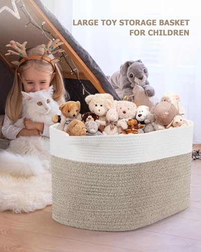 JOJOSEE Large Storage Basket, Blanket Basket for Clothes Bedding, Woven Storage Baskets, Toy Storage for Kids, Rope Basket for Living Room, Nursery, Bedroom 55x38x30 cm (White&Brown, 1 Pack) - Image 5