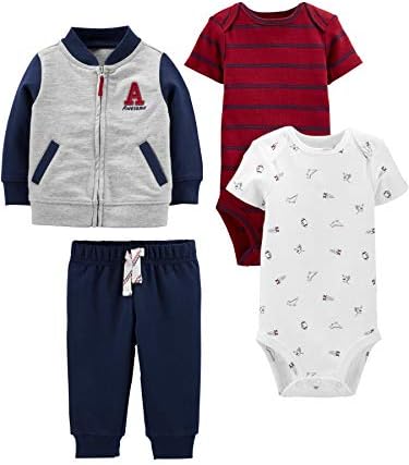 Simple Joys by Carter's Baby Boys' 4-Piece Jacket, Pant, and Bodysuit Set, Blue/Grey/Red Stripe/White Dinosaur, 24 Months