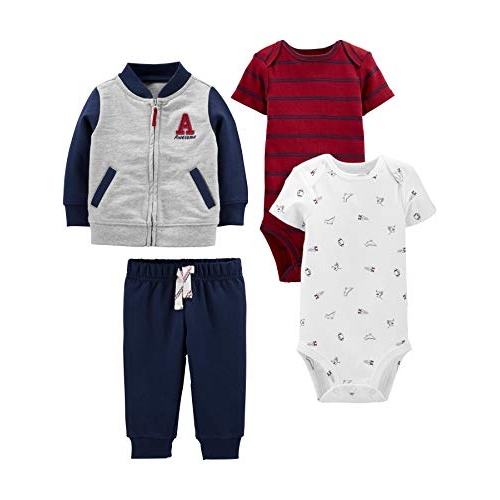 Simple Joys by Carter's Conjunto de 4 peças, jaqueta, calça e body para bebês meninos, Cinza/azul marinho/listras vermelhas/esportes brancos, Recém Nascido
