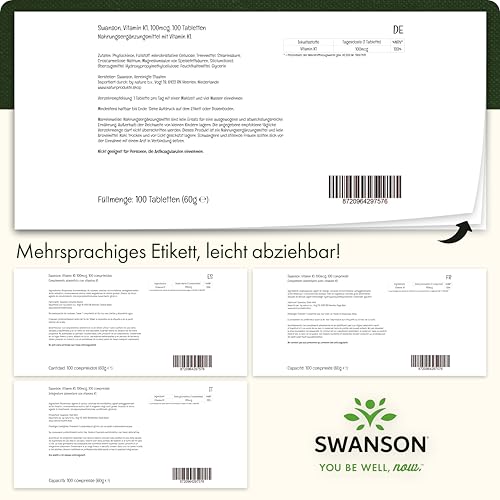 Swanson, Vitamin K1 (Phyllochinon), 100 glutenfreie Tabletten, 100mcg Vitamin K1 je Dosis, Sojafrei, GMO frei, Geschmacksneutral