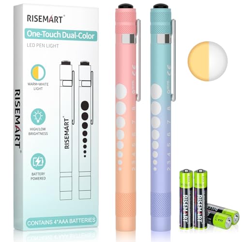 RISEMART Pupillenleuchte Diagnostikleuchte 2 Stück Rettungsdienst Zubehör mit Warmes/Weiß Licht Pupillenmessgerät und Lineal für Krankenschwester Studentische (Farbverlauf blau-lila + rosa-orange)