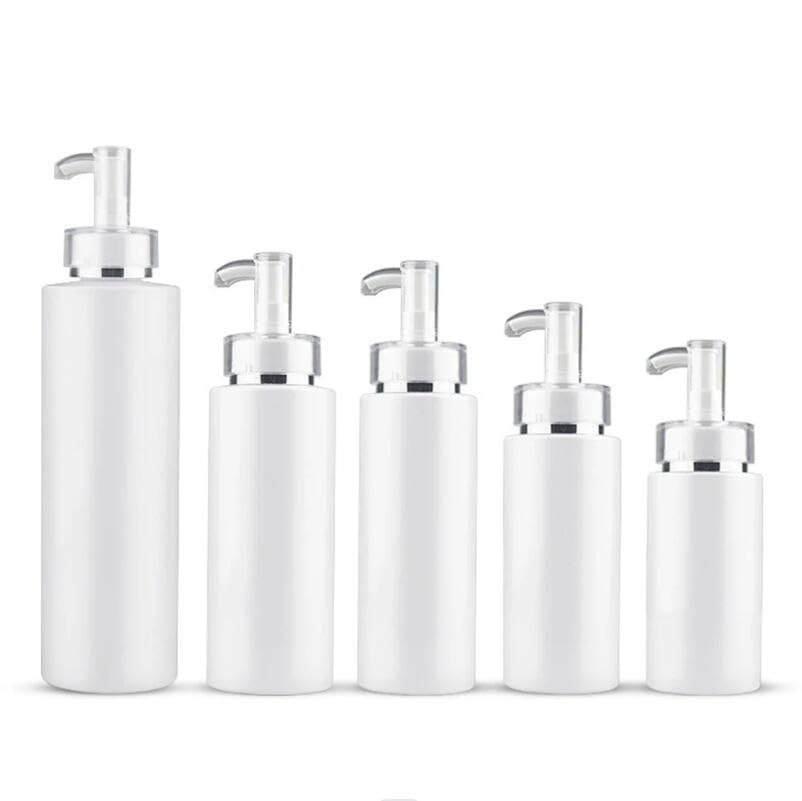10 szt./partia 100-500 ml biała butelka PET do płynnego makijażu, plastikowa butelka do pompowania szamponu (ze srebrnym pierścieniem, plastik, 100 ml)
