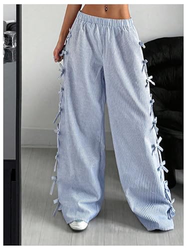 Verdusa Wide Leg Linen Pants for Women Striped Bow Baggy Hiking Pants Long Trousers4