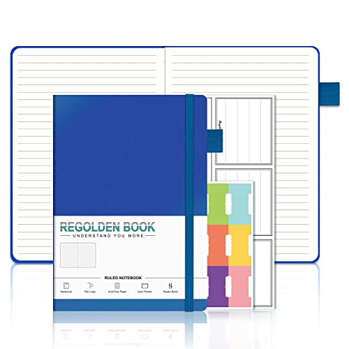 Regolden-Book A5 Ruled Notebook Hardcover for Note Taking, Thick Paper Lined Hardcover Journal with Pen Holder 176 Pages 8.5x5.5", for Men & Women School/College/Work/Office (Blue)